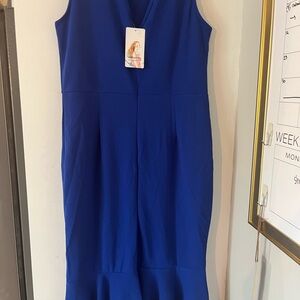 Blue Ruffled Ribbed Sheath Midi Dress